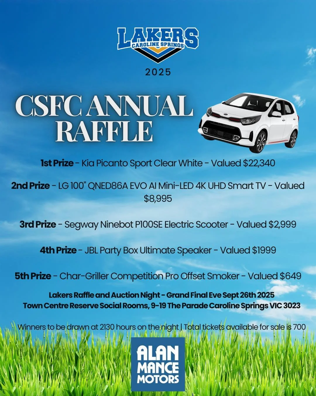 Don&rsquo;t forget to grab your ticket for our annual raffle night which is happening in just TWO DAYS 🚨🚨

We've once again got some incredible prizes up for grabs, with a brand new Kia Picanto going home with our first prize winner 🤯

Tickets are