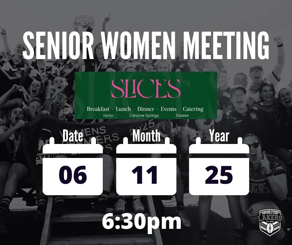 A reminder that our Senior Women will begin pre-season with a meeting this Thursday!

📍Slices Restaurant Caroline Springs
⏰ 6:30pm

We warmly invite all current and interested players for our Senior Women&rsquo;s squad to join us at 6:30pm on Thursd