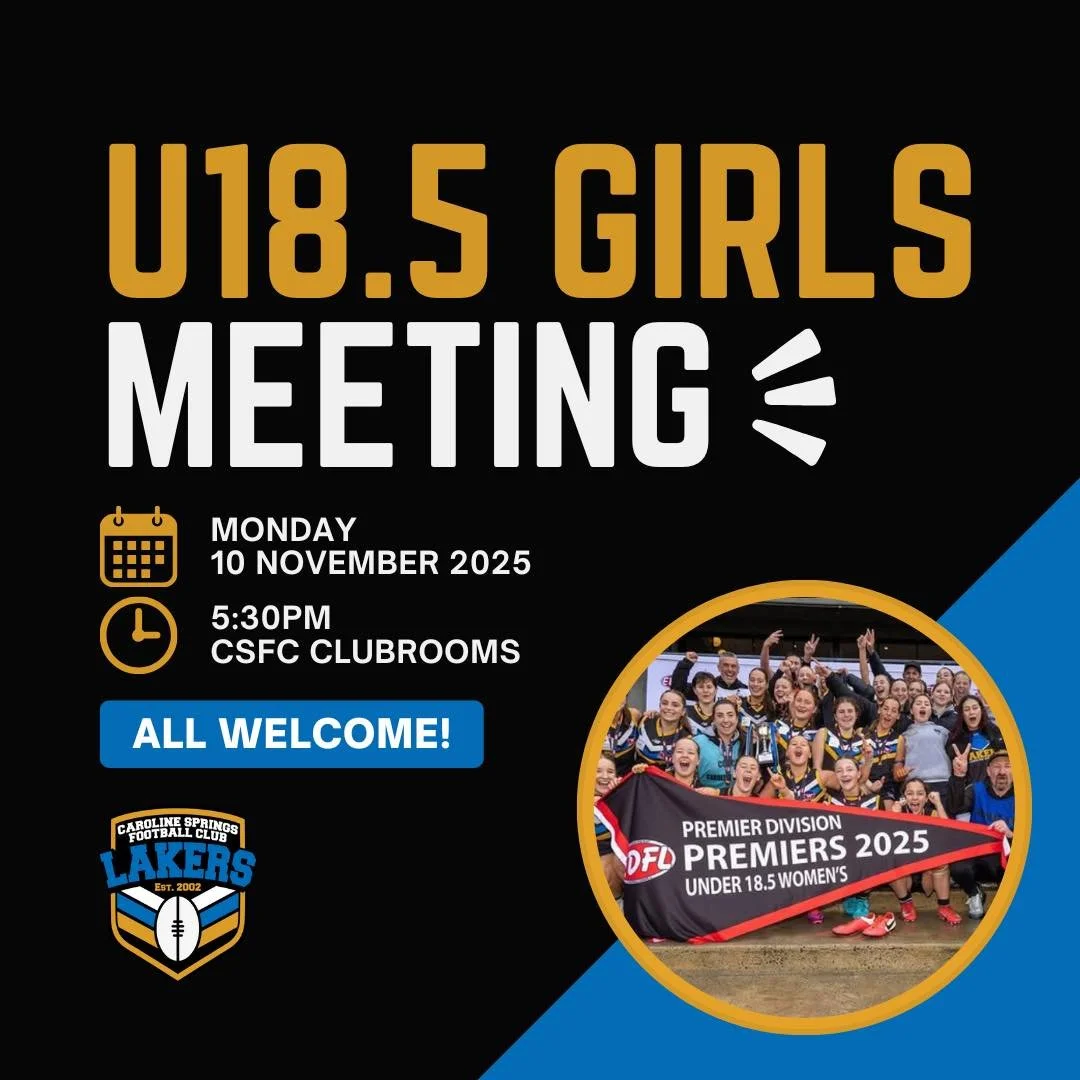 A reminder to all U18.5 girls that our pre-season meeting is tonight in the clubrooms!

New and returning players are more than welcome! Meet the coach and get prepared as we head into a huge pre-season.

Looking forward to seeing you there 💛💙🖤🤍
