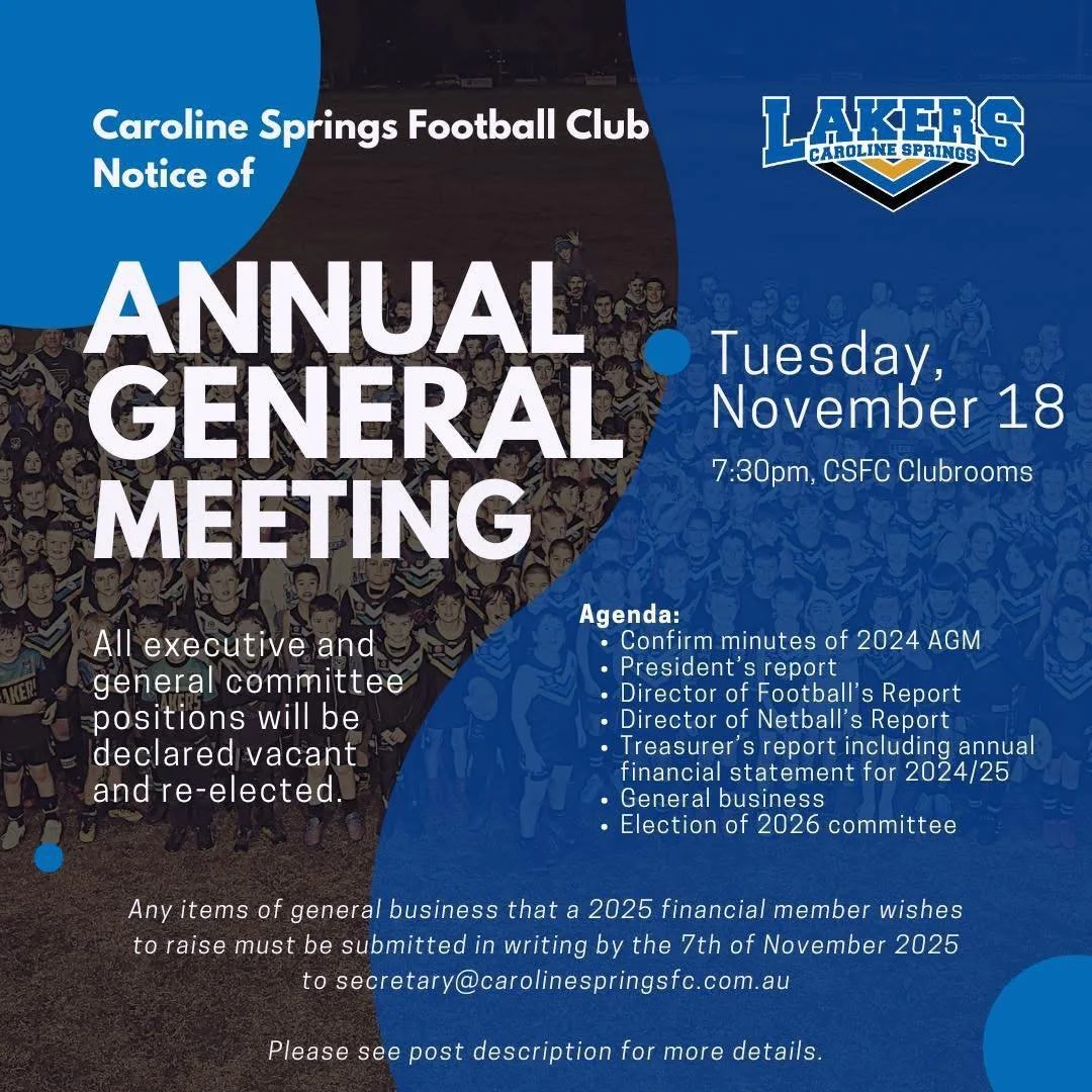 A reminder that our 2025 Annual General Meeting will be held tomorrow at 7:30pm at the CSFC Clubrooms.

Anyone wishing to nominate for a committee postition is required to attend the AGM and complete a Committee Nomination Form which is available by 