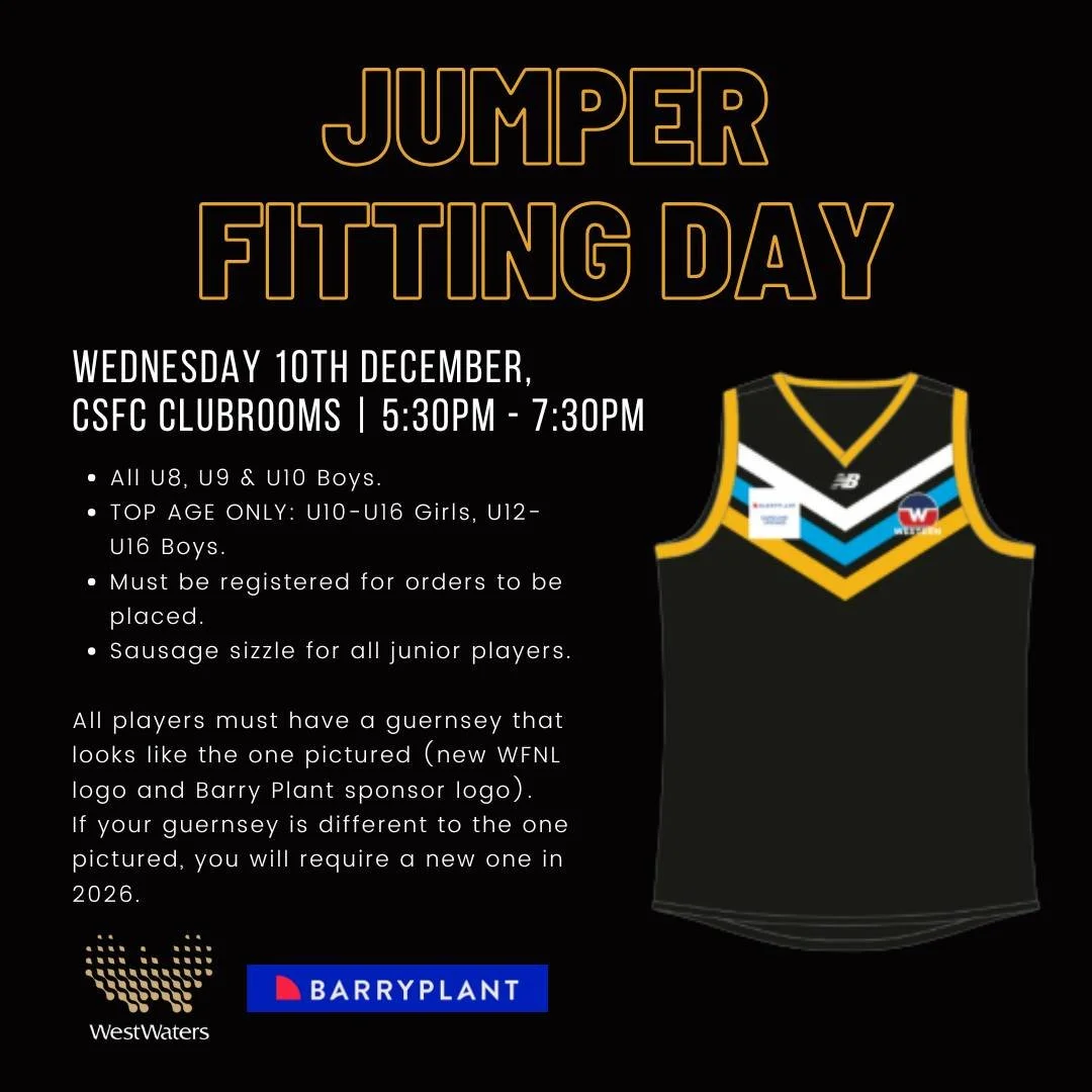 In preparation for the 2026 season, we will be holding a jumper fitting this Wednesday, 10th December, from 5:30pm - 7:30pm.

This jumper fitting is open to all 2026 U8, U9 &amp; U10 Boys, as well as top age U10-U16 Girls and U12-U16 Boys. Players MU