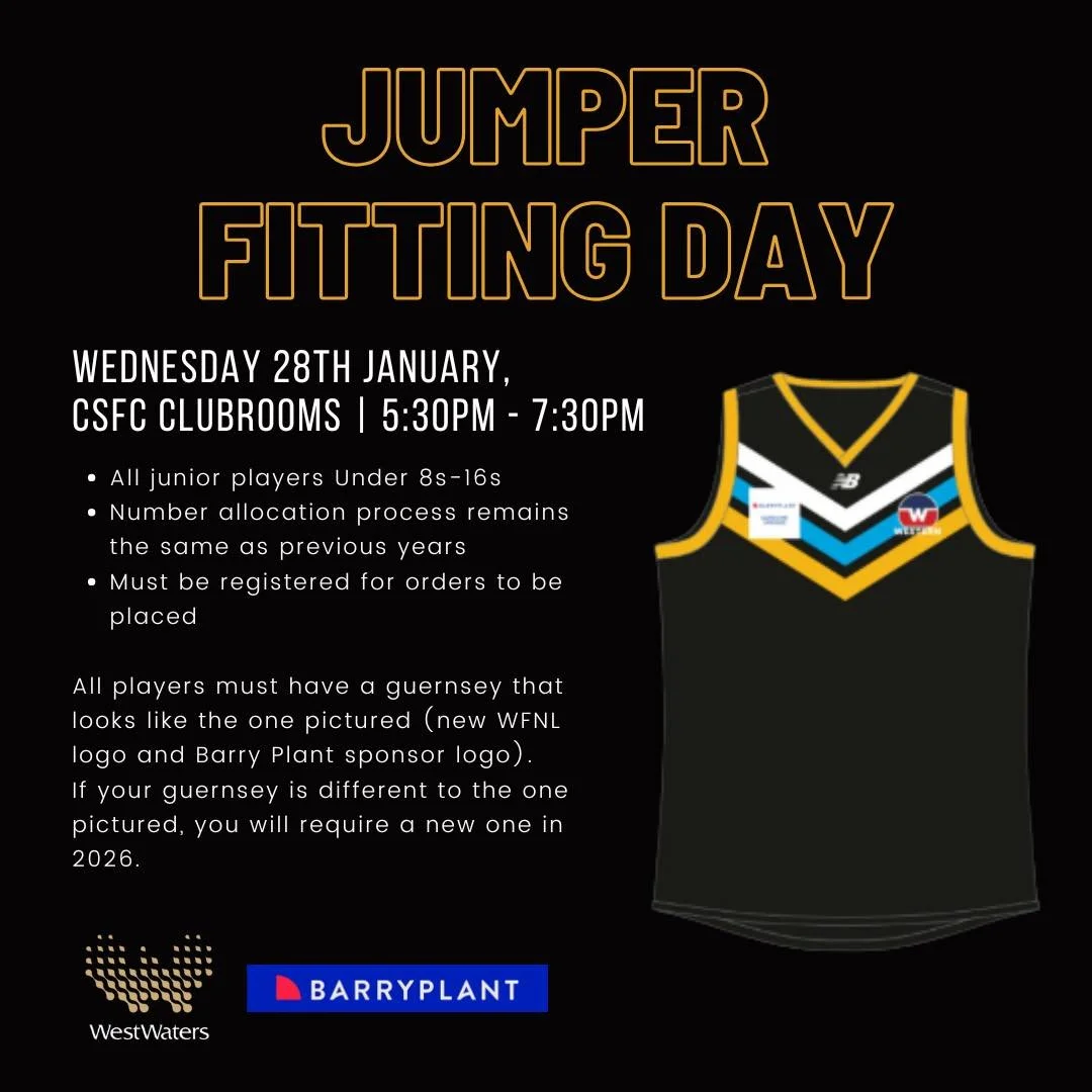 In preparation for the 2026 season, we will be holding a jumper fitting this Wednesday, 28th January, from 5:30pm - 7:30pm.

This jumper fitting is open to all junior players. Players MUST BE REGISTERED for orders to be placed. Registrations can be c