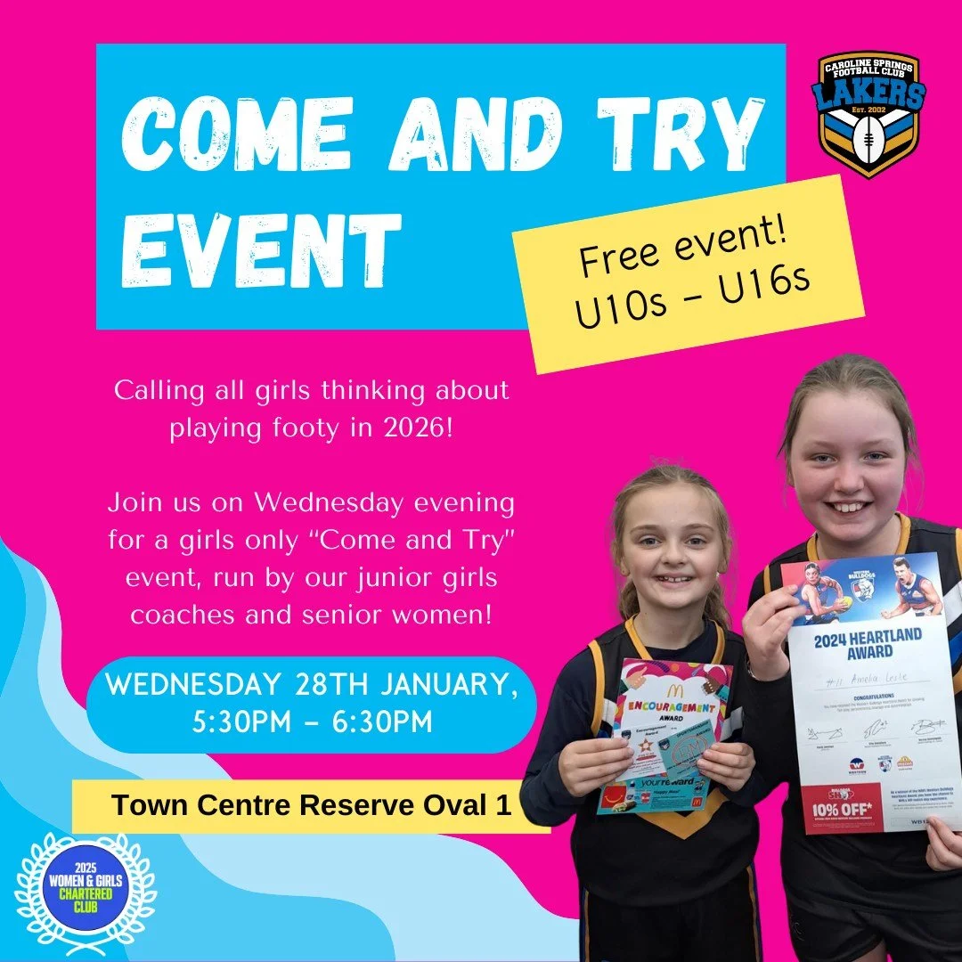 CALLING ALL JUNIOR GIRLS 📣

Wanting to give footy a go? Looking for a new challenge? Come and see what the Lakers are all about!

We'll be hosting a free "come and try" event for all new and interested players this Wednesday, hosted by our