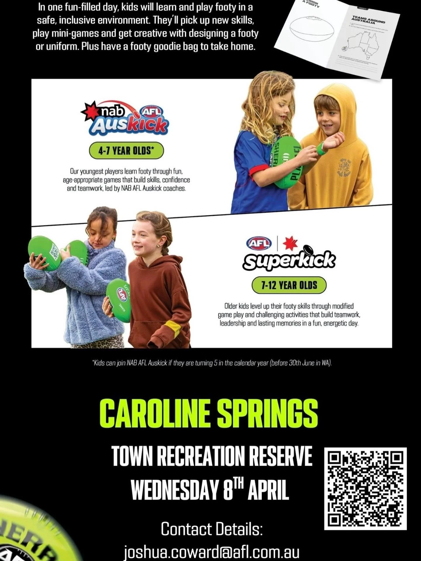 🏉 AFL Term 1 School Holiday Program &ndash; Coming Up!
Looking for a fun, active day these school holidays? Join us on Wednesday 8 April from 9am&ndash;3pm at Town Centre Recreation Reserve, Caroline Springs, for a full day of skills, games and foot