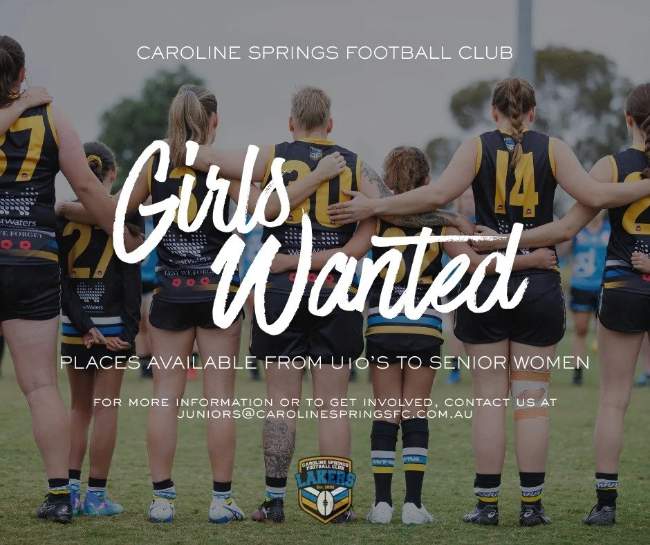 WE WANT YOU!

With places available in all female teams from U10s to Senior Women, now is the perfect time to join us on our journey as we continue to grow our successful female program.

Don't forget that we'll have two AFLW superstars at the club t