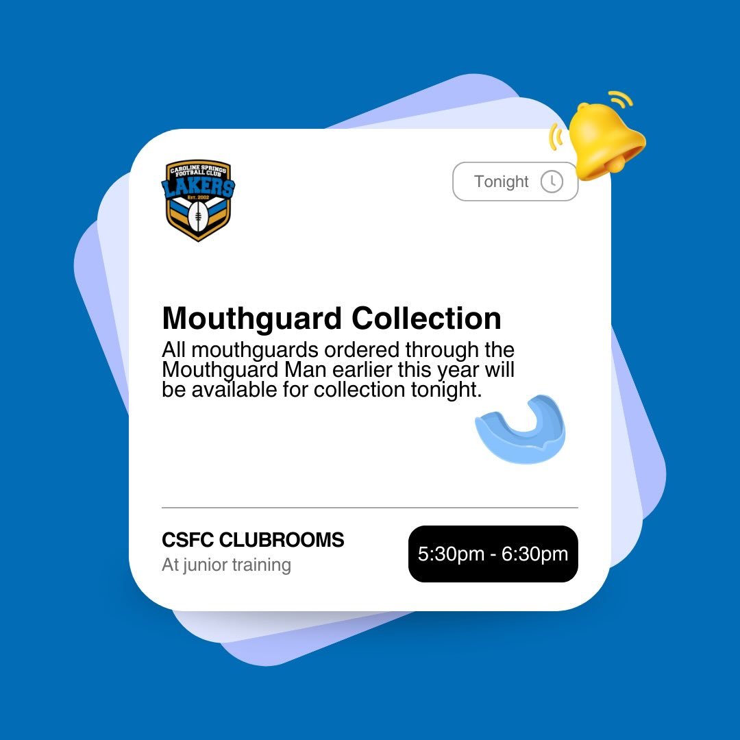 Mouthguards are ready for collection!

If you ordered a mouthguard through The Mouthguard Man earlier this year, it is now available to collect. Ali will be in the rooms tonight from 5:30pm-6:30pm.