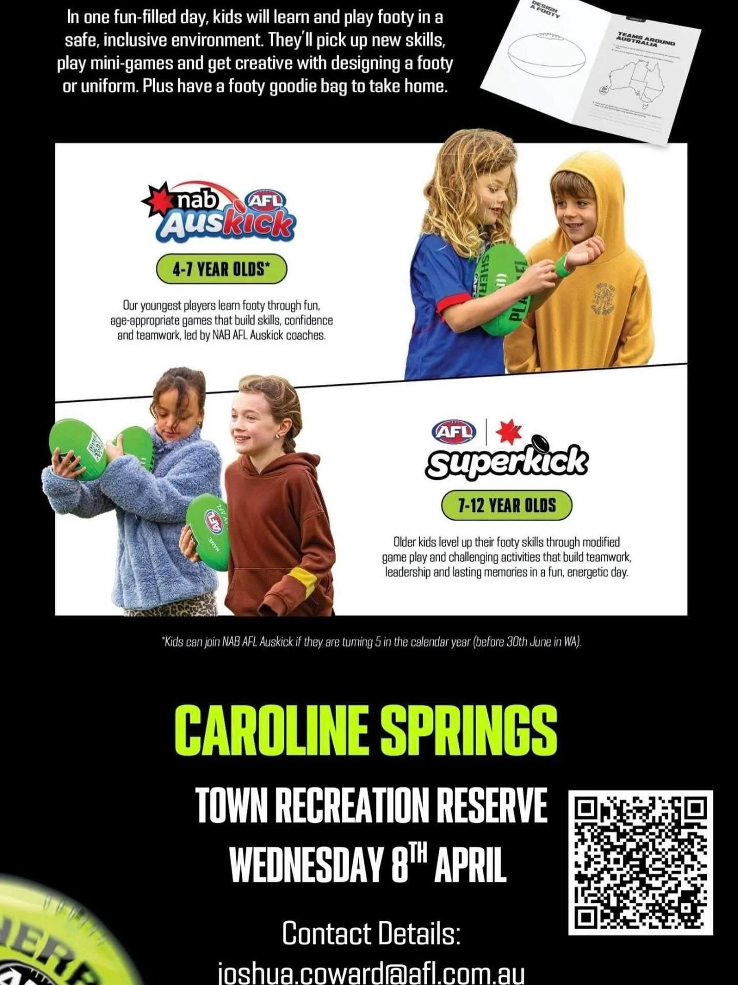 🏉 AFL Term 1 School Holiday Program &ndash; Coming Up!
Looking for a fun, active day these school holidays? Join us on Wednesday 8 April from 9am&ndash;3pm at Town Centre Recreation Reserve, Caroline Springs, for a full day of skills, games and foot