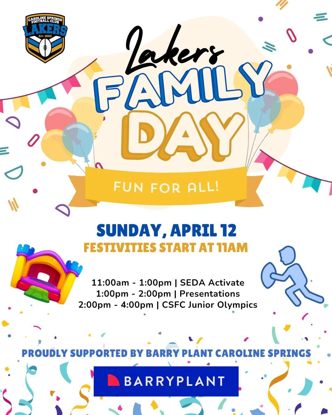 🎉 JOIN US FOR LAKERS FAMILY DAY 🎉

We are back with another HUGE family day on Sunday, 12th April, proudly supported by @barryplant.carolinesprings!

The day kicks off at 11am with inflatables galore thanks to SEDA activate. Then, our youngest Lake