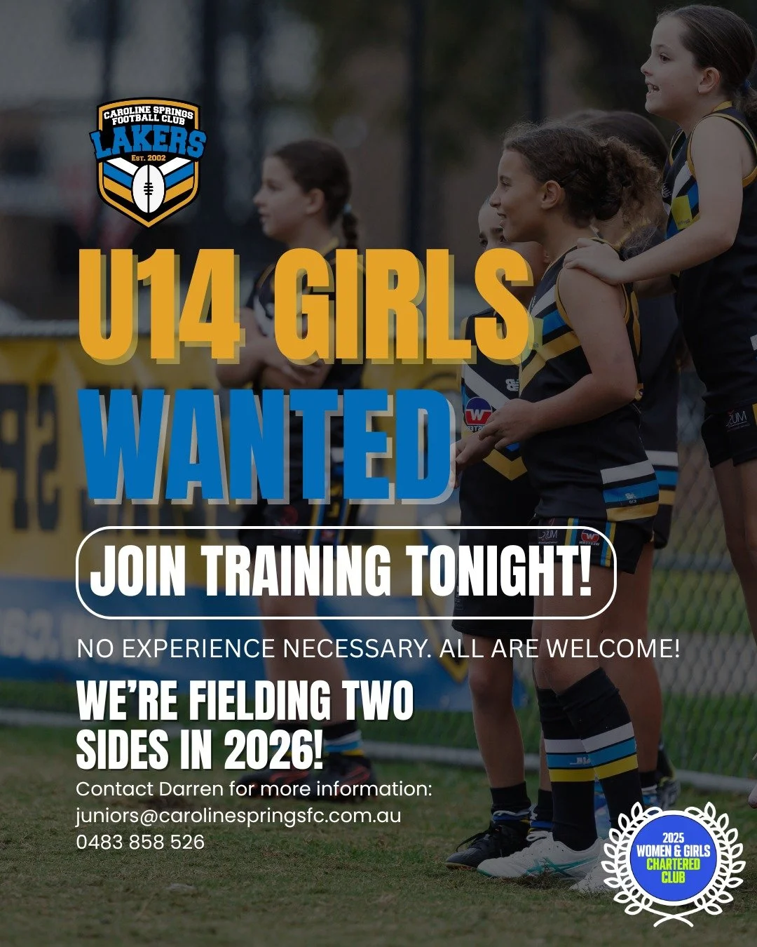 UNDER 14 GIRLS - WE WANT YOU!

The season kicks off this weekend and we've just entered a second U14 Girls side 🙌

With two sides competing this year, there's an opportunity for anyone who wants to try something new or take their footy to new height