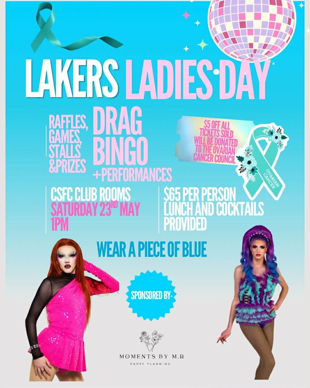 Presenting Lakers Ladies Day 2026, proudly sponsored by @moments.by.m.r, in support of the Ovarian Cancer Council 🩵 

Tickets are now available from https://www.trybooking.com/DLQOB 

Caroline Springs Football Club and Lakers Netball warmly invites 