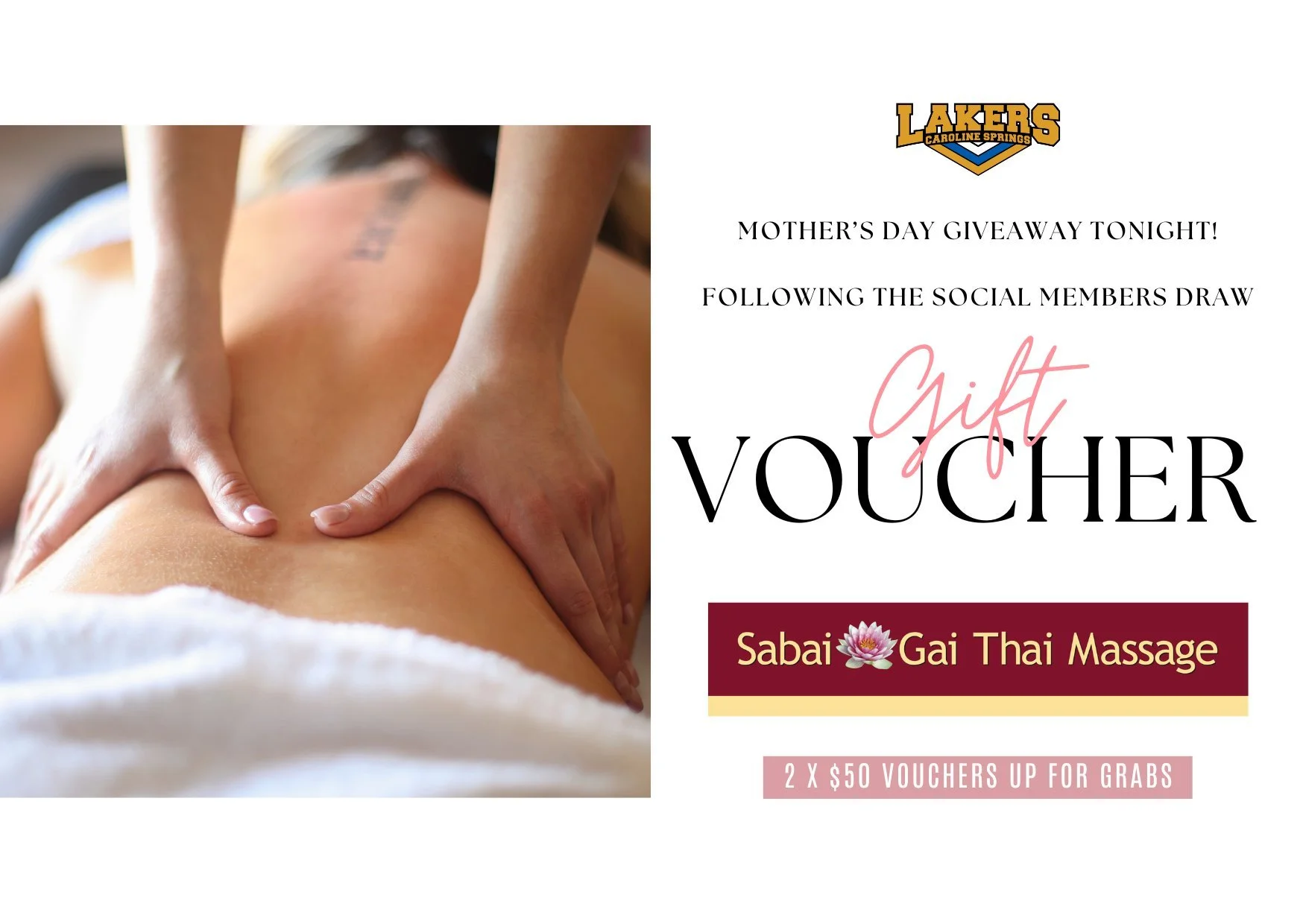A special giveaway tonight for the mums in the clubrooms!

Stick around immediately after the Social Members Draw for your chance to win one of two $50 vouchers thanks to our friends at Sabai Gai Thai Massage 💆&zwj;♀️