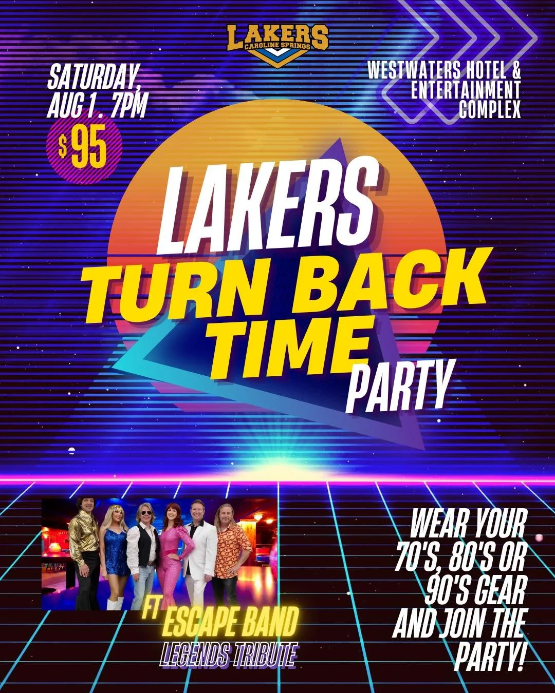 It's the Mid Year Ball... with a twist 🪩

Come and celebrate all things 70's, 80's and 90's with us at our Turn Back Time party! Featuring a Legends Tribute by Escape Band, this is one not to be missed 🕺

Saturday, 1st August, 7pm - 12am
WestWaters