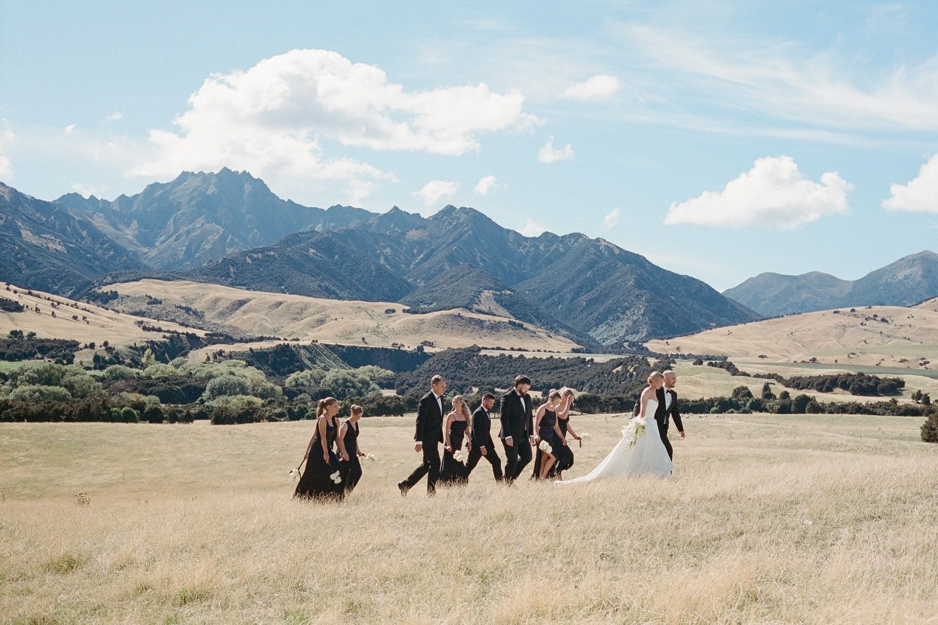 a 35mm photo of a bridal party walking through a field with towering mountains behind them on their summer wedding held at dublin bay in wanaka