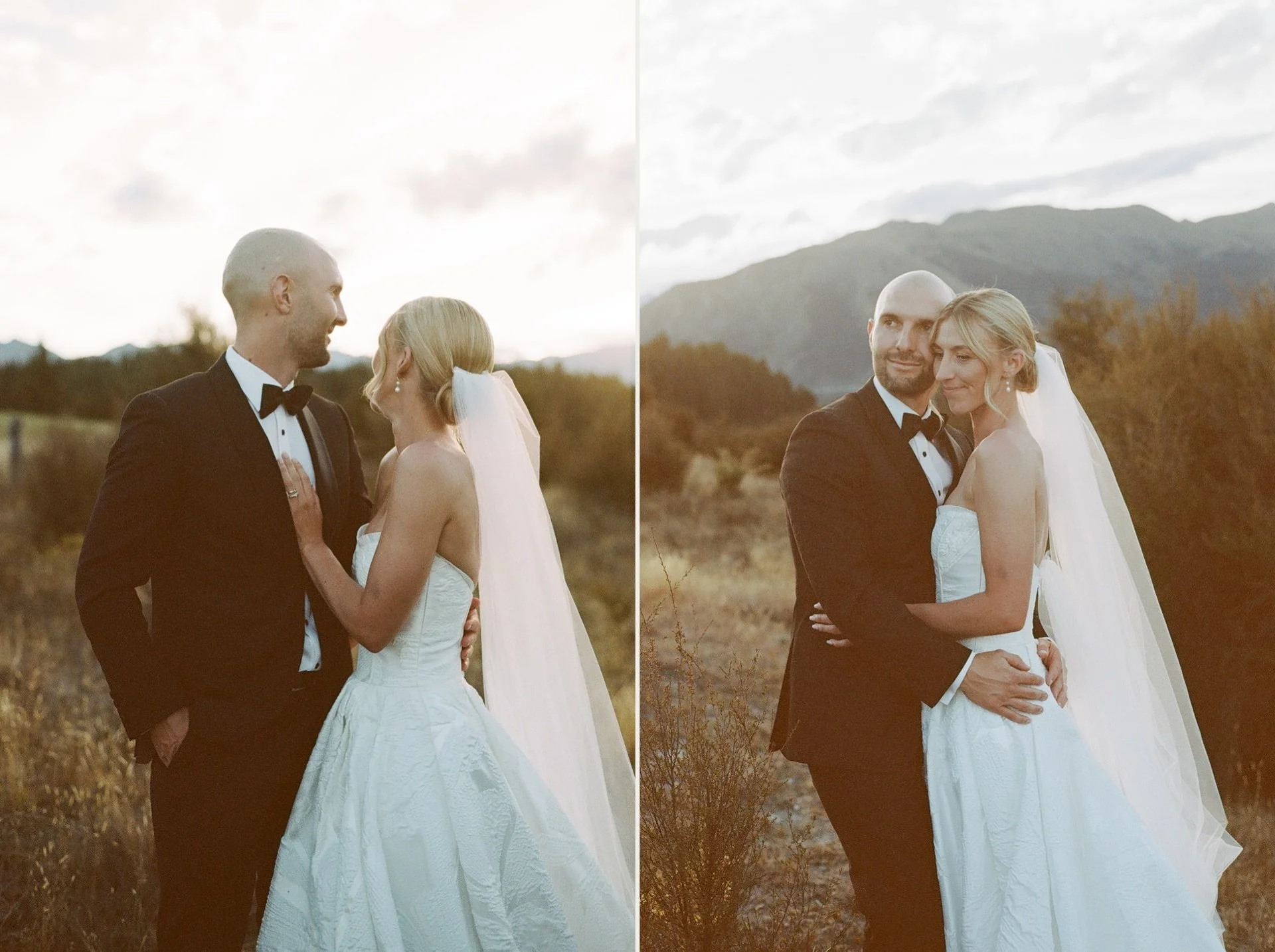 A bride and groom cuddle up together at sunset at dublin bay in wanaka during their portrait photos at their summer wedding on 35mm film.