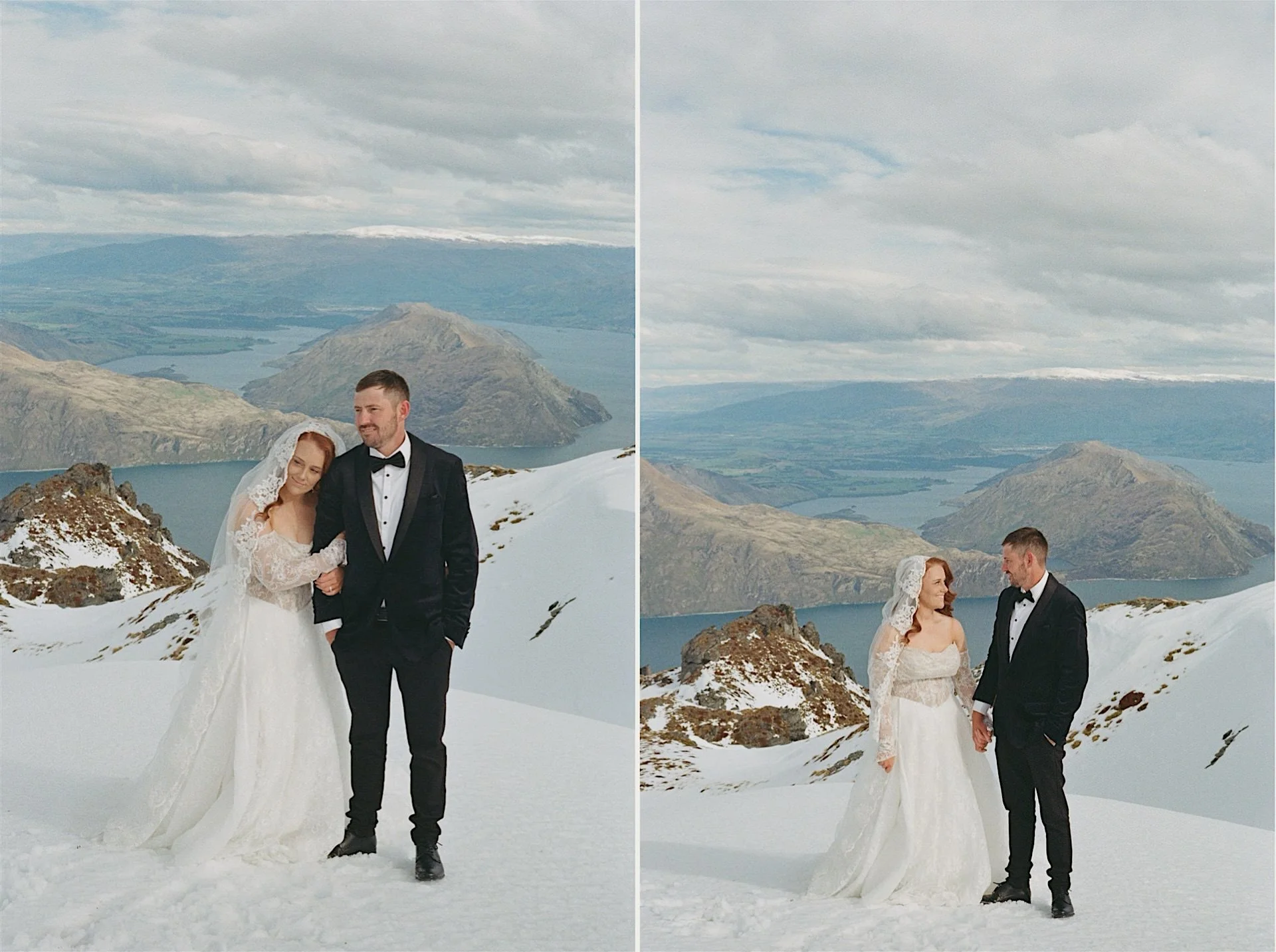  35mm film photos of a wanaka elopement in spring.  There is fresh snow on the mountains and lake wanaka behind them 