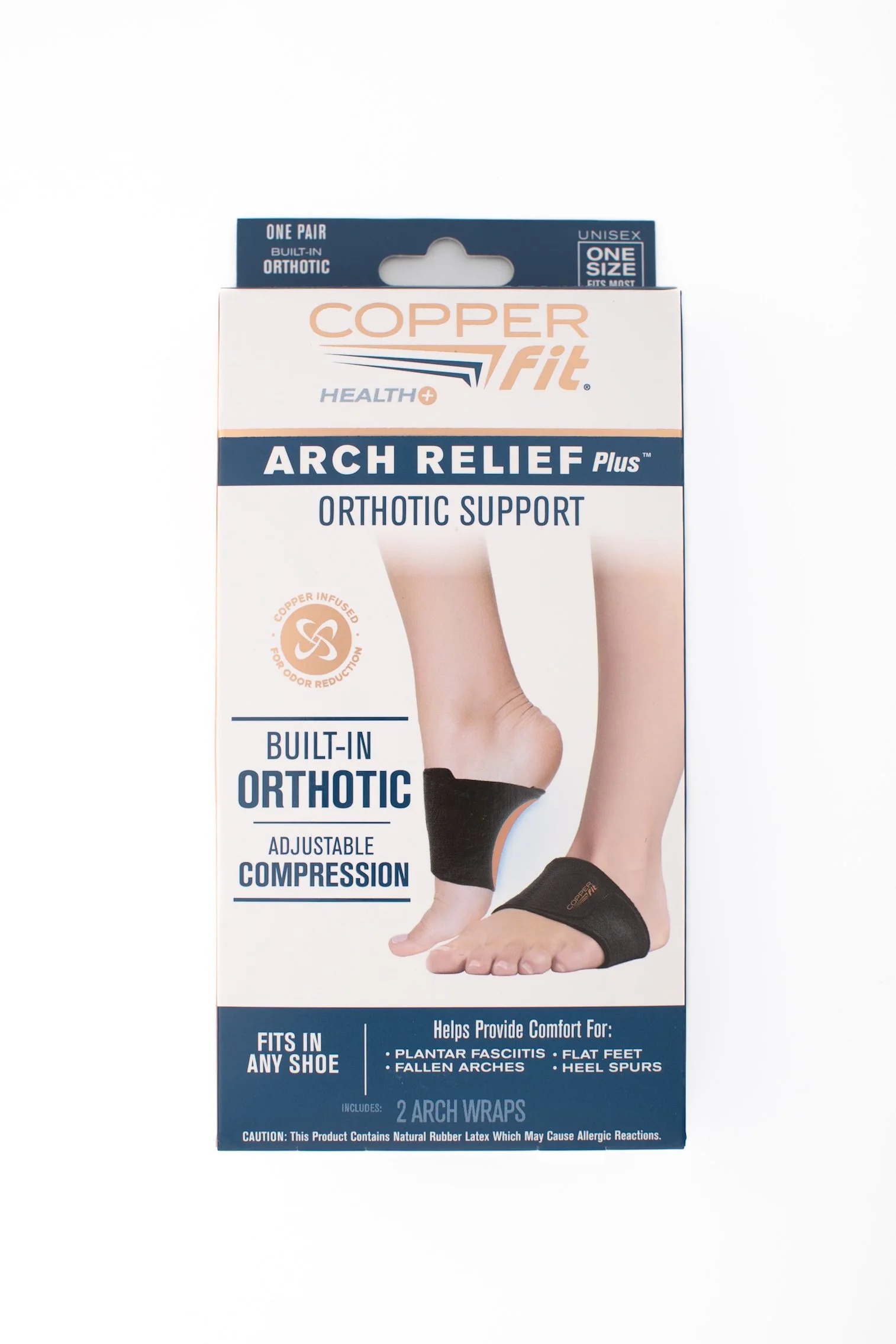 Box of Copper Fit Arch Relief Plus orthotic support with adjustable compression, designed for plantar fasciitis, fallen arches, flat feet, and heel spurs, featuring two arch wraps.
