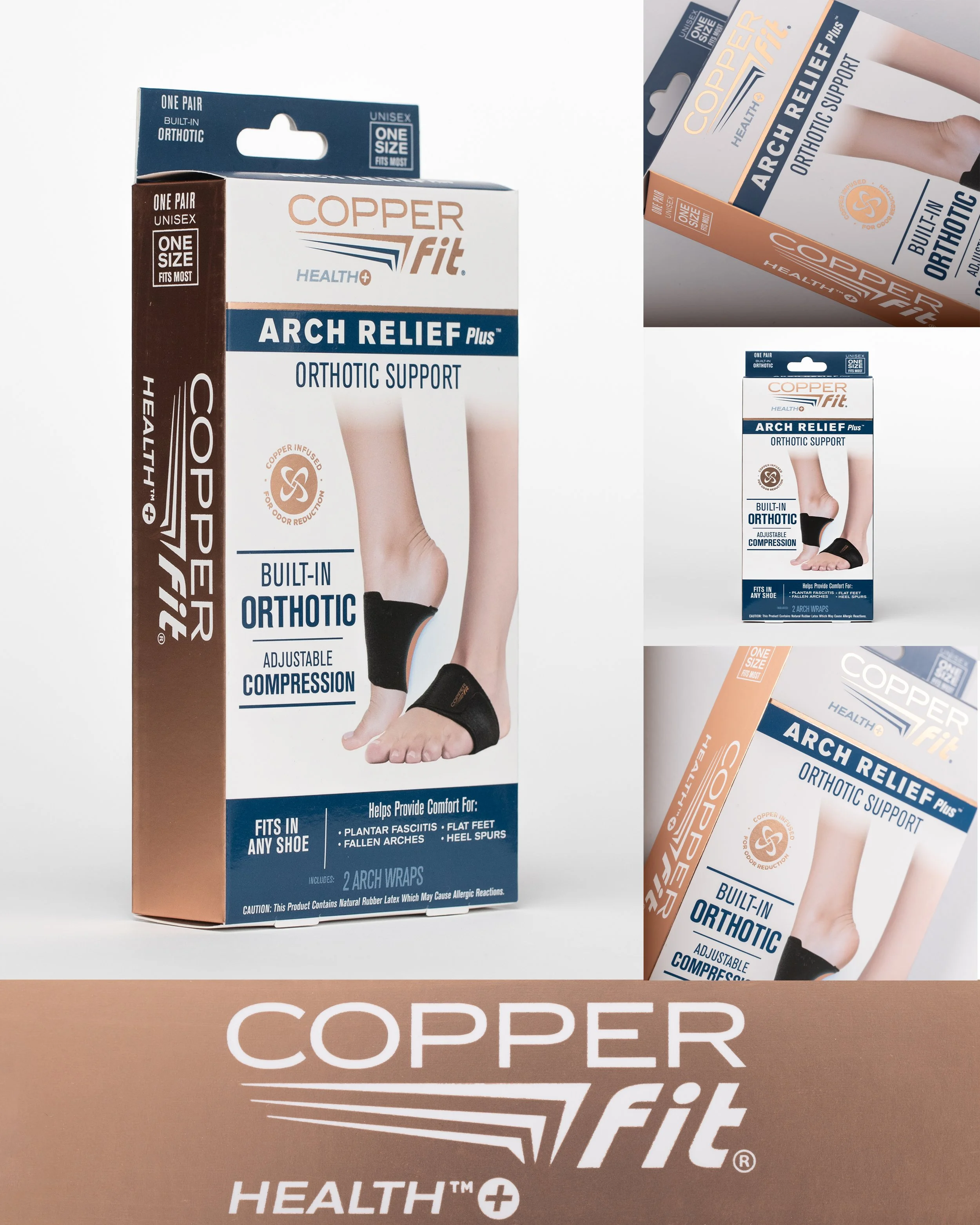 Product packaging for Copper Fit Arch Relief Plus orthopedic support with built-in orthotic and adjustable compression for shoes, featuring an image of a foot wearing the support.