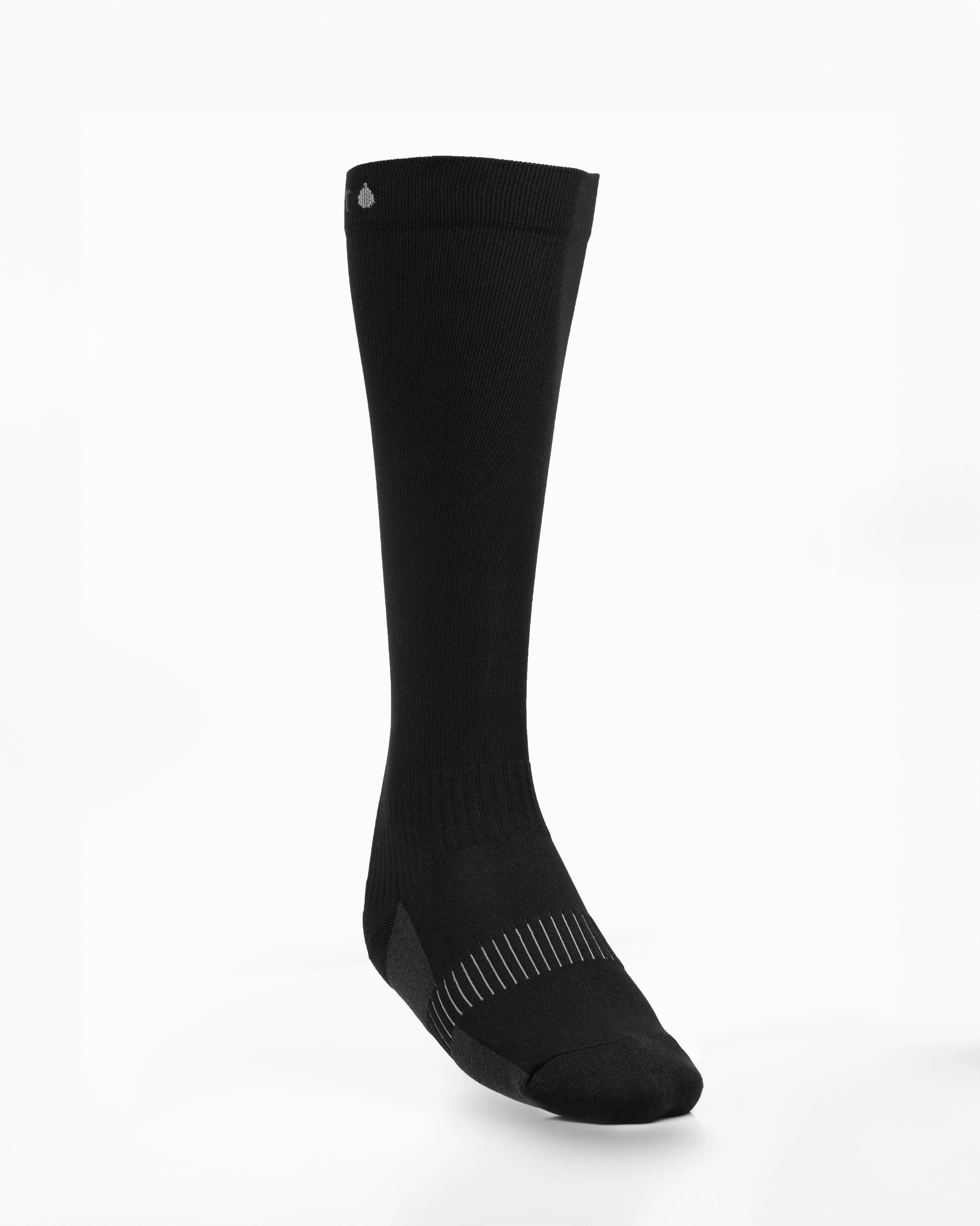 Black calf compression sock with small white spade symbol near the top, on a white background.