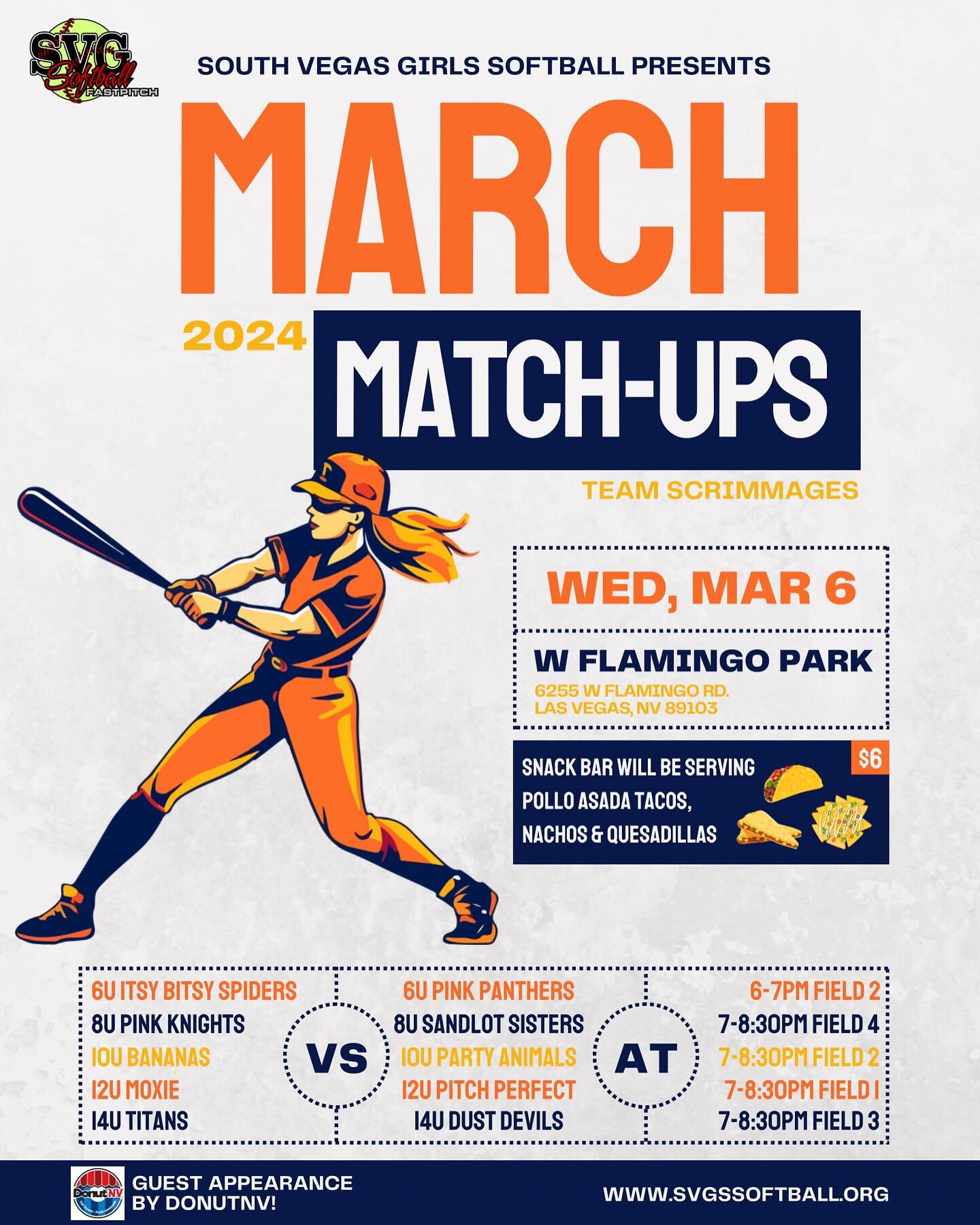 Heads Up! 🗣️ Our first event of the season will be Wednesday, March 6th! 

We will be holding our very first March Match-Ups 🥎 Where each of our teams will be scrimmaging their counterpart!

The snack bar will be serving pollo asada tacos, nachos &