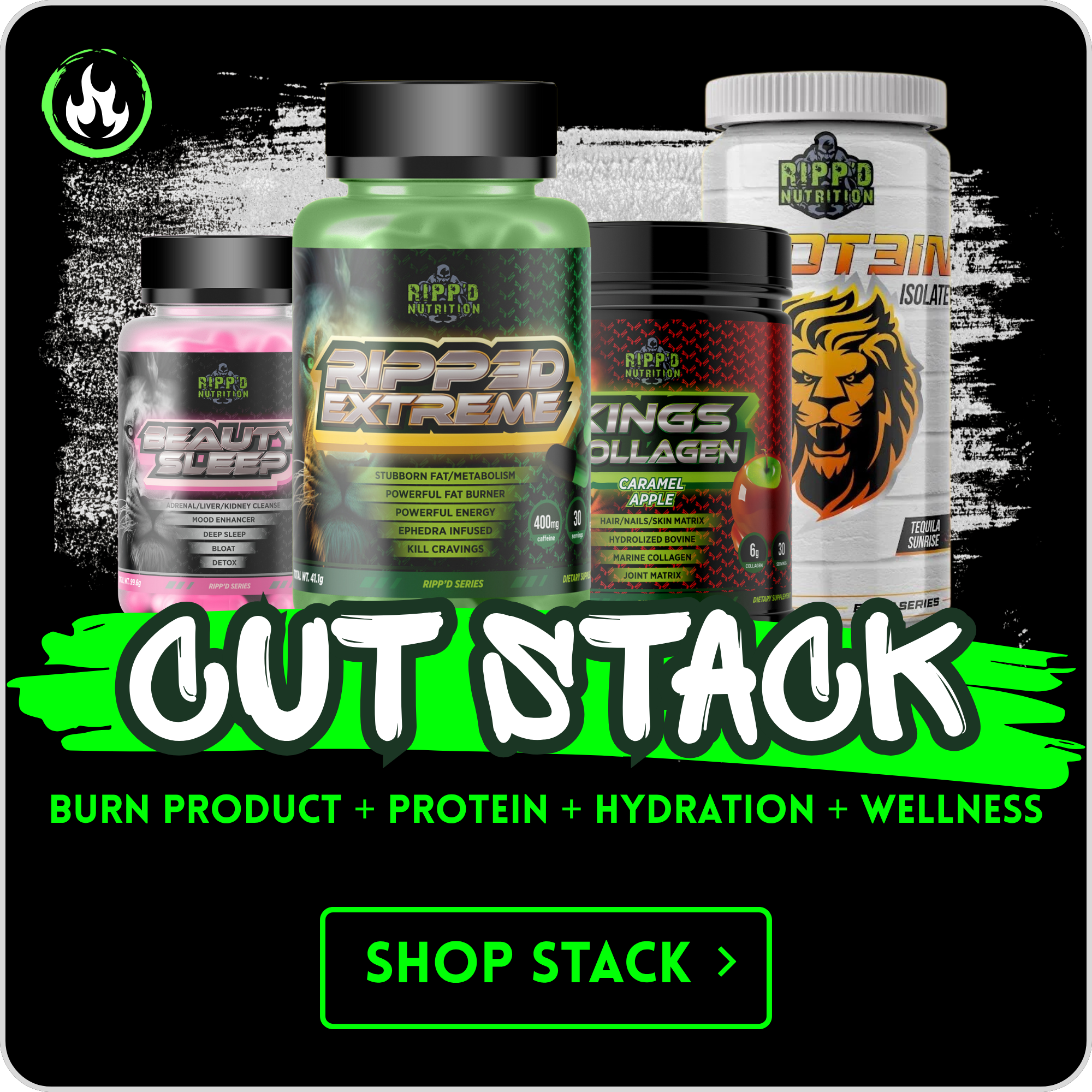 Collection of dietary supplement bottles with labels for RIPP'D Nutrition, including products named Beauty Sleep, Extreme, and Kings Collagen, with a black background and green and white text.