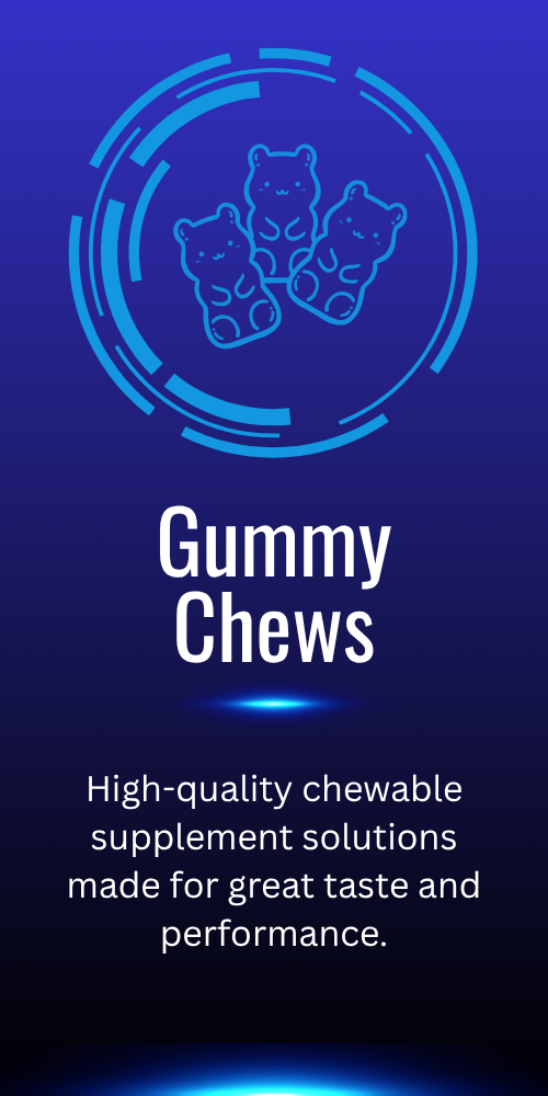 Blue background with a circular digital icon above three cartoon gummy bears and the text "Gummy Chews" and "High-quality chewable supplement solutions made for great taste and performance."