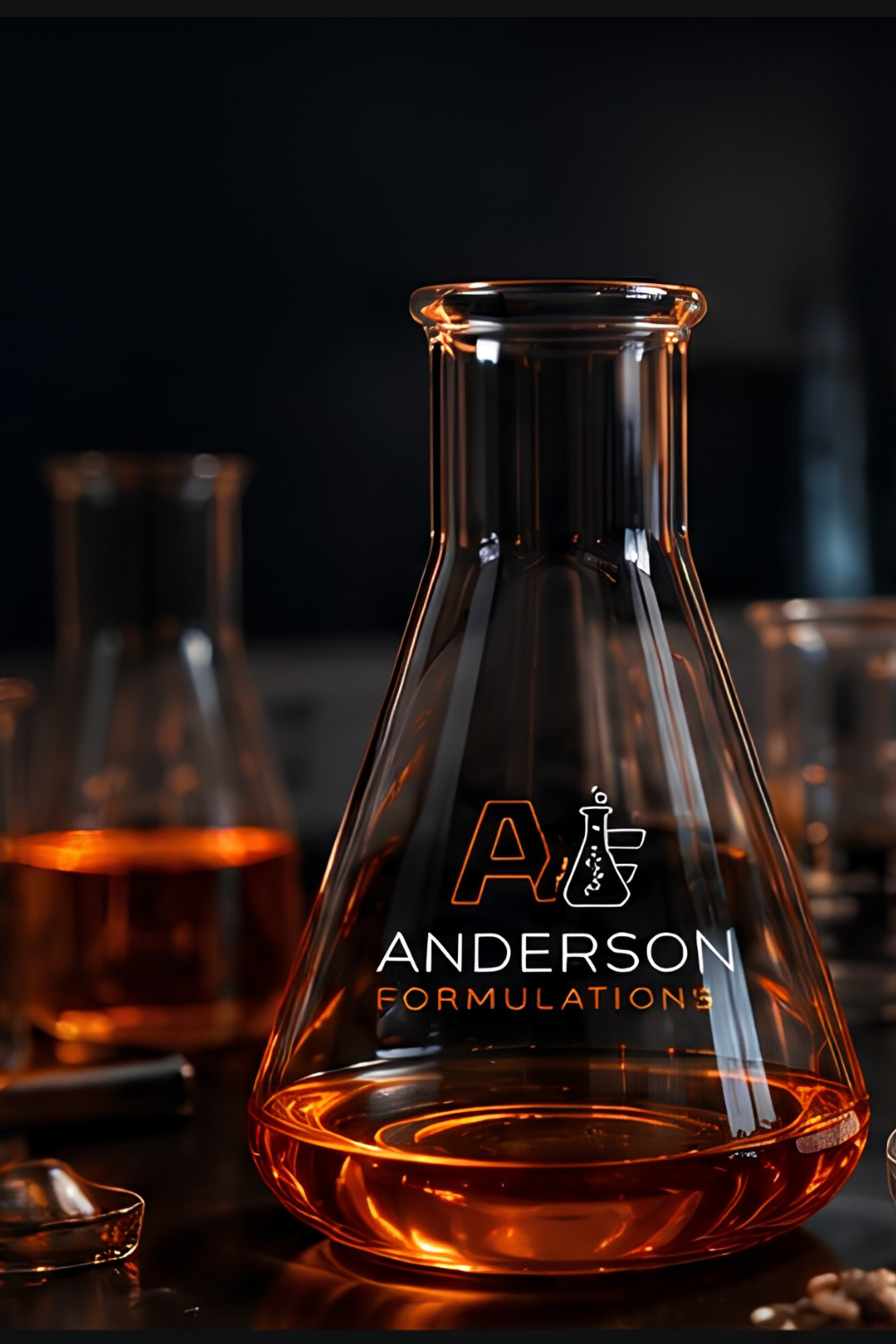 A glass laboratory flask filled with an orange liquid, labeled 'Anderson Formulations' with a beaker icon, set against a dark background with other lab glassware in the blurred background.