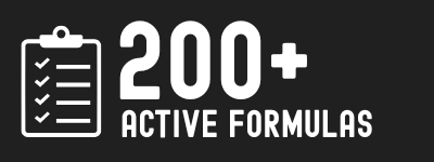 Icon of a clipboard with checkmarks and the text '200+ Active Formulas' in white on a black background.
