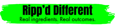 Logo for Ripp'd Different with green background and black text: 'Ripp’d Different' and slogan 'Real ingredients. Real outcomes.'