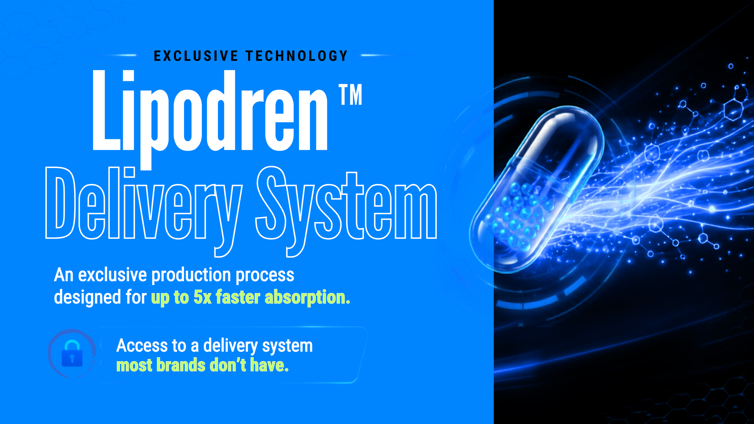 Design promoting Lipuorel delivery system with a blue background, digital graphics, and a capsule containing blue particles, emphasizing faster absorption and exclusive technology.