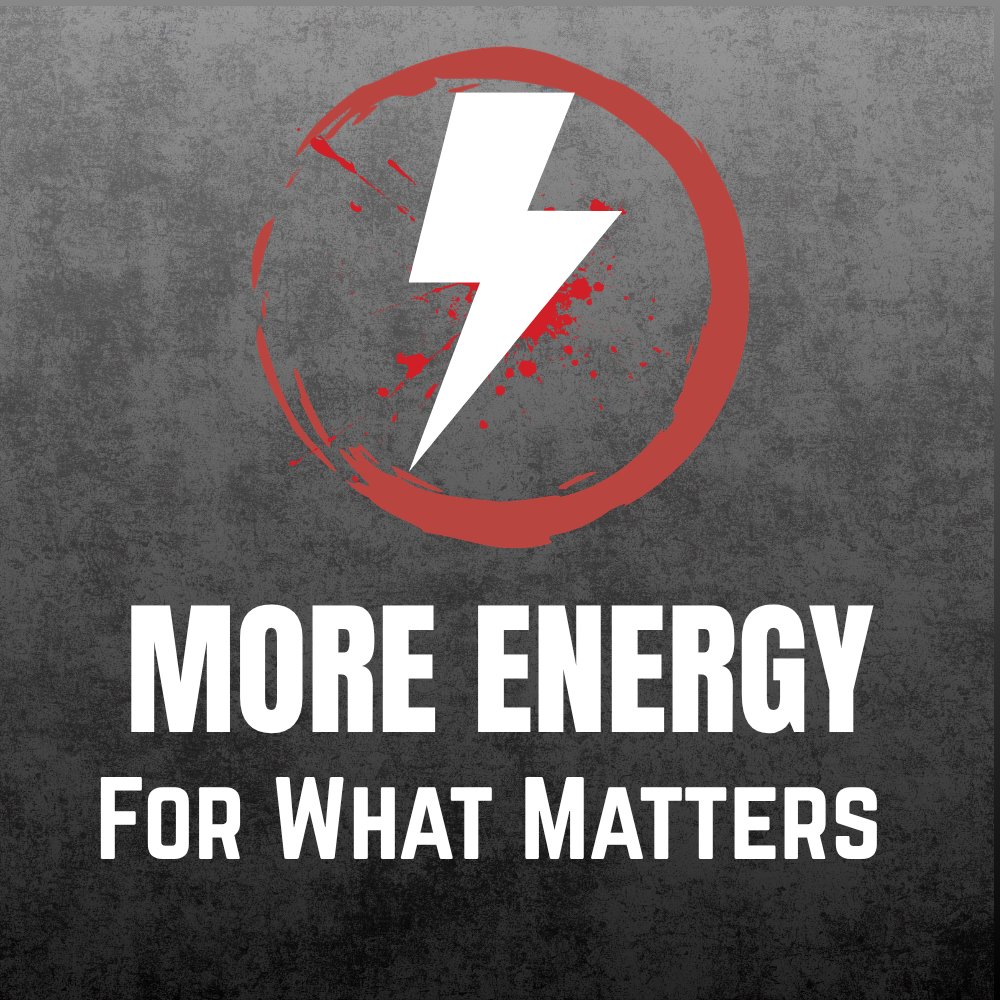 A graphic with a gray textured background featuring a prominent white lightning bolt inside a red circle with splatter effects. Below it, the text reads 'MORE ENERGY FOR WHAT MATTERS' in bold white uppercase letters.