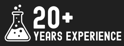 Icon of a laboratory flask with liquid and bubbles, and text that reads '20+ Years Experience'.