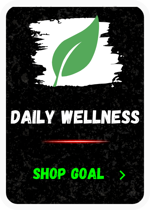 A digital graphic with a green leaf icon at the top, the words "Daily Wellness" in white bold letters, and a bright green "Shop Goal" button at the bottom, set against a black textured background.