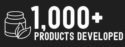 Icon of a jar with a lid and a spoon beside it, next to text stating '1,000+ PRODUCTS DEVELOPED' in white on a black background.