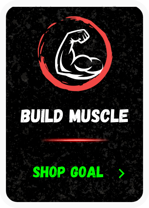 Black background with a white and red fist illustration inside a red circle, the text 'BUILD MUSCLE' in white, and a green 'SHOP GOAL' button at the bottom.