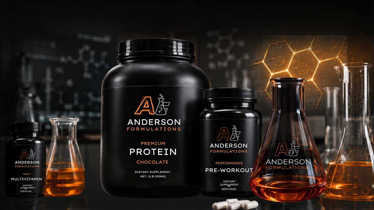 Supplements on a laboratory table, including multivitamins, protein powder, pre-workout, and various flasks with orange liquids, in a modern science-themed setting with digital graphics.