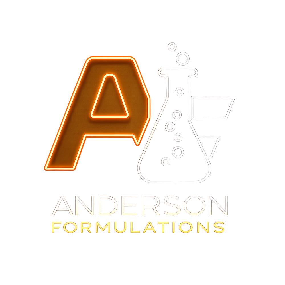 Neon sign with a large letter 'A' and a laboratory flask containing a blue liquid with bubbles, followed by the text 'Anderson Formulations' in neon style.