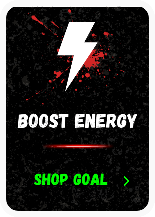 A dark background with a white lightning bolt, red paint splatters, and the text 'Boost Energy' and 'Shop Goal' in bright green.