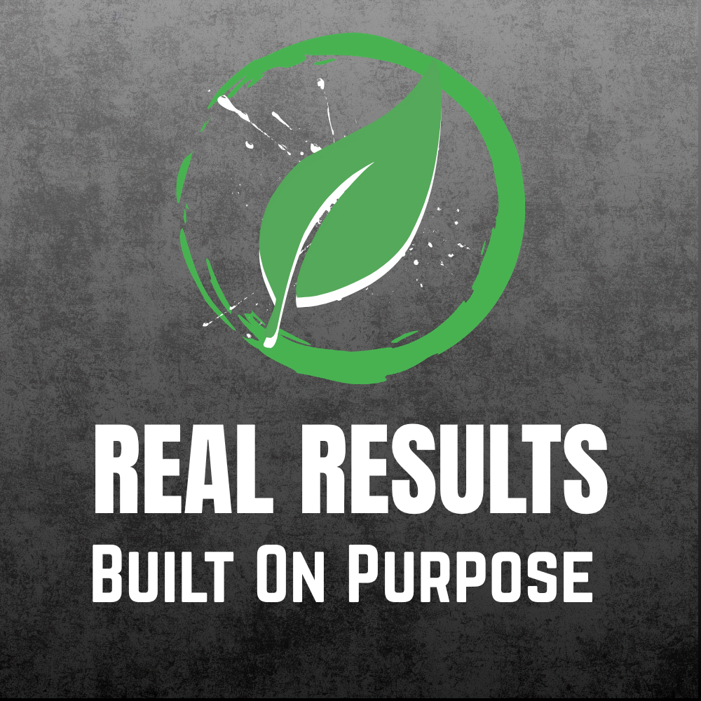 A logo with a green leaf inside a green circle and the text "REAL RESULTS BUILT ON PURPOSE" below, set against a textured gray background.