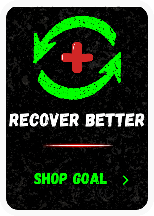 A mobile app screen with a medical theme, featuring a red cross in the center, surrounded by green circular arrows, and the text 'Recover Better' in white. There is a green 'Shop Goal' button at the bottom.