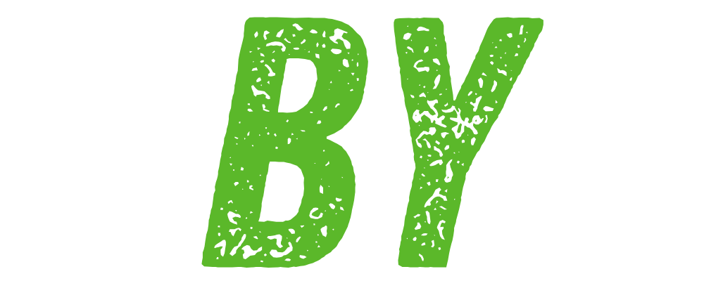 Green letters spelling 'BY' on a black background.