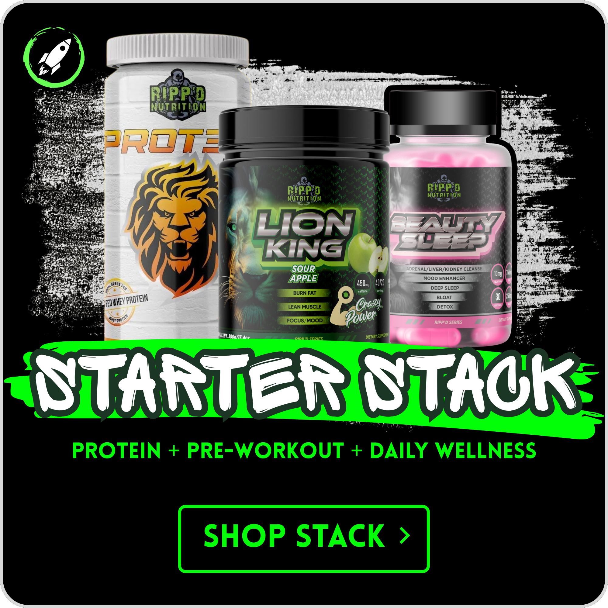 Digital advertisement for nutritional supplements showing three bottles of protein powder and supplement capsules with bold green and pink text highlighting benefits such as protein, pre-workout, and daily wellness.