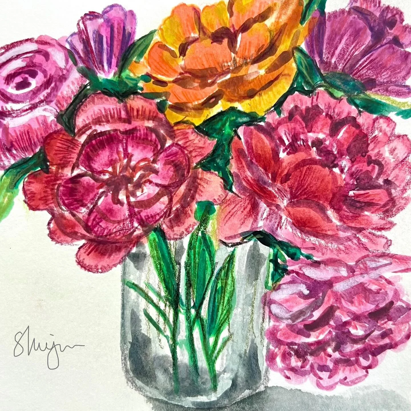 ✨I like what&rsquo;s going on here &mdash;  sketchbook expressive floral study captures the warmth of summer blooms and the calm of a cozy morning. Created with watercolor and color pencil, it&rsquo;s all about embracing imperfection, color, and life