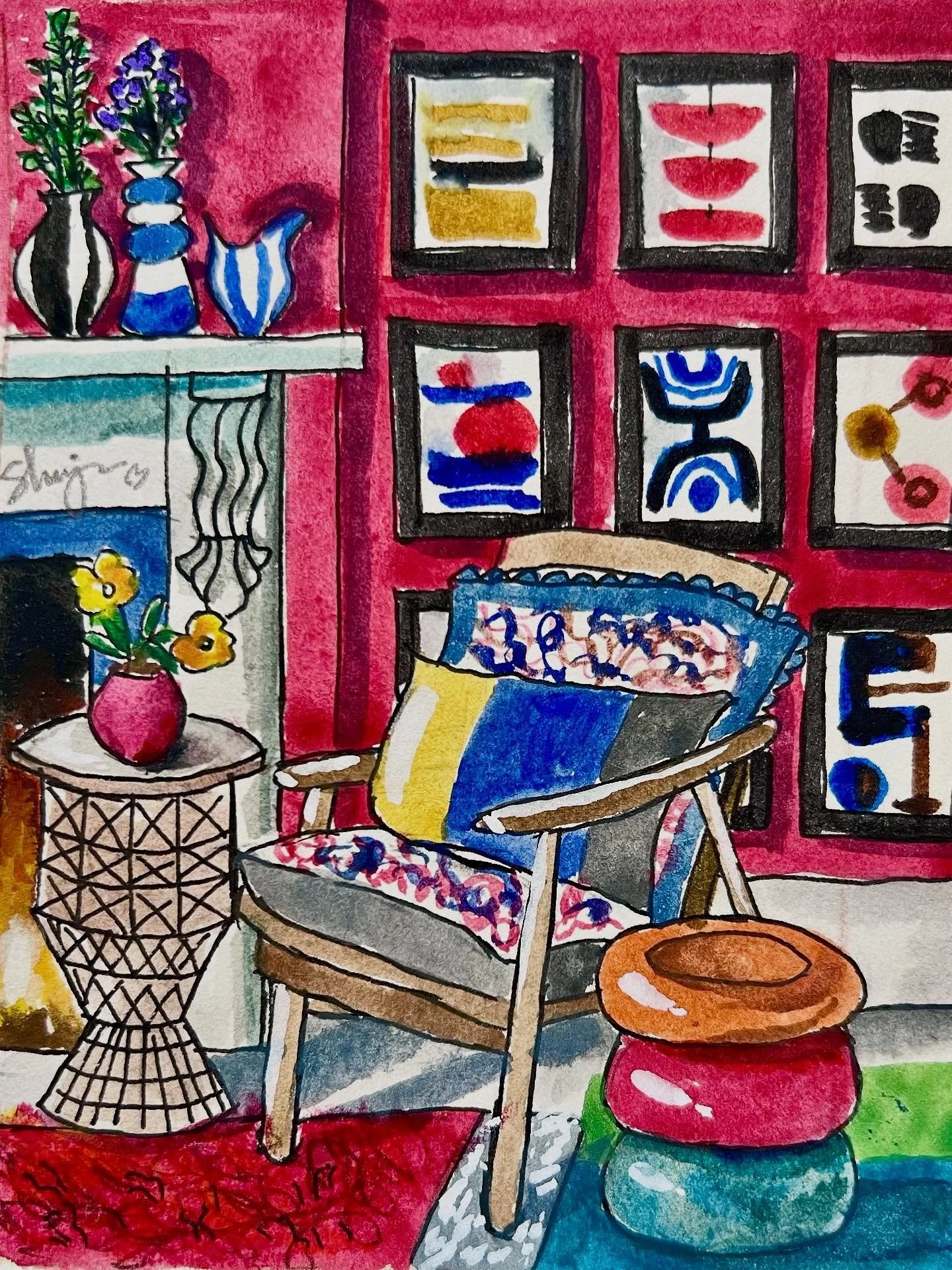 What a pleasure to paint this mixed medium interior scene based on a photo of @roomportraitclub , inspired by @katie_moody ! I enjoyed every minute of it ! I loved capturing the cozy corner vibes &mdash; the bold magenta wall, eclectic art prints, pa