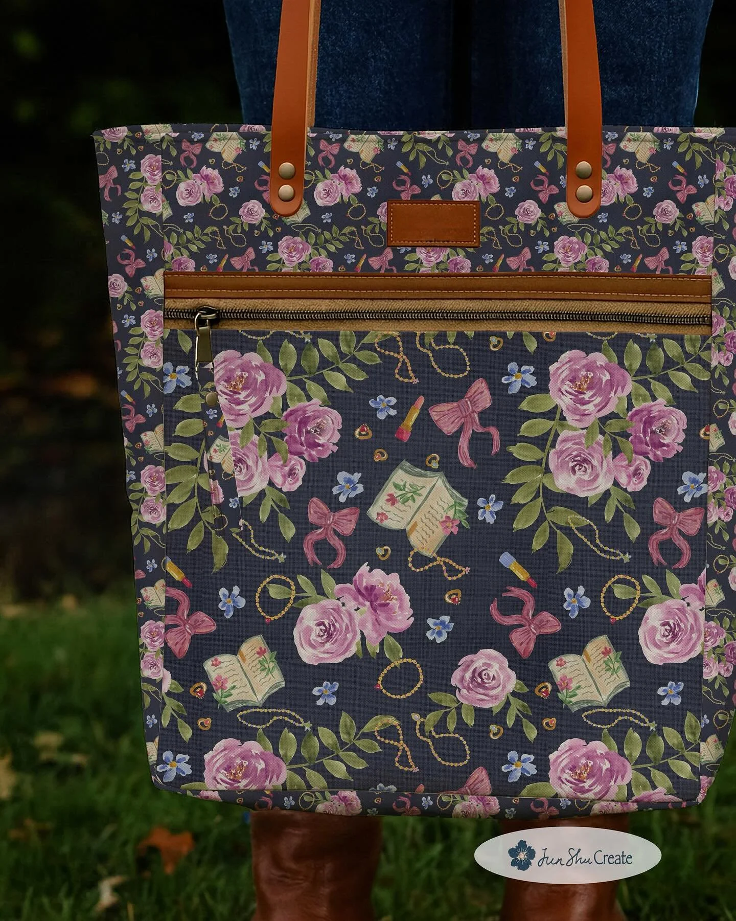 A vintage feminine print featuring roses, bows, lipstick, jewelry, and books &mdash; romantic and perfect for cottagecore sewing, quilting, and home d&eacute;cor projects. Ideal for coquette fashion and shabby chic creations.  It&rsquo;s available on