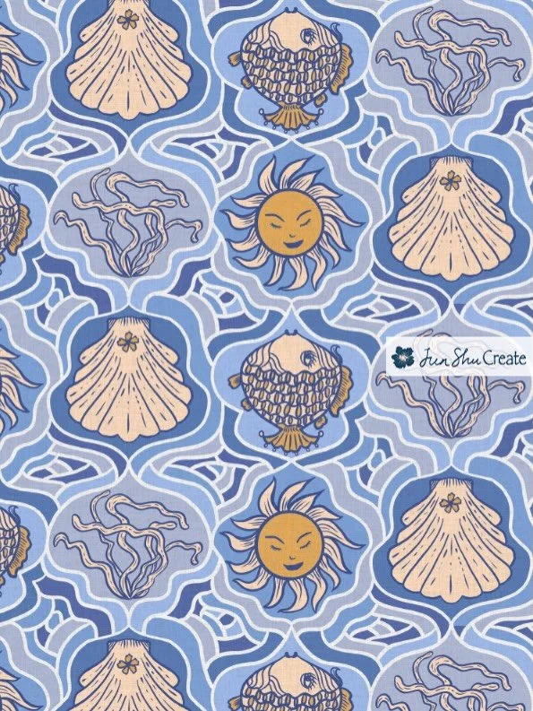 Sun, sea, and a little bit of boho magic 🌞🌊

I created this coastal pattern for the Beachy Boho @spoonflower challenge&mdash;mixing playful suns, seashells, fish, and flowing waves in calming ocean blues. It&rsquo;s inspired by seaside tiles and th
