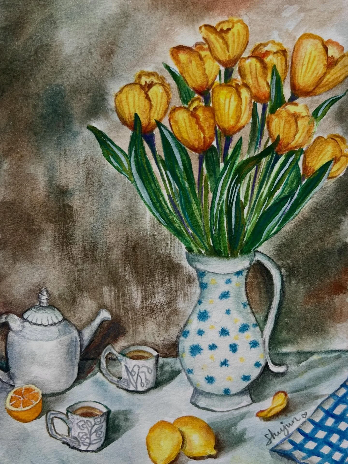Creating a piece, lost in time. Golden tulips and lemon for quiet tea moments 🌿. Inspo photo by the one and only @jamiebeck.co 🙏🏻

Watercolor paint and color pencil @carandache 
Sketchbook @arrtxart