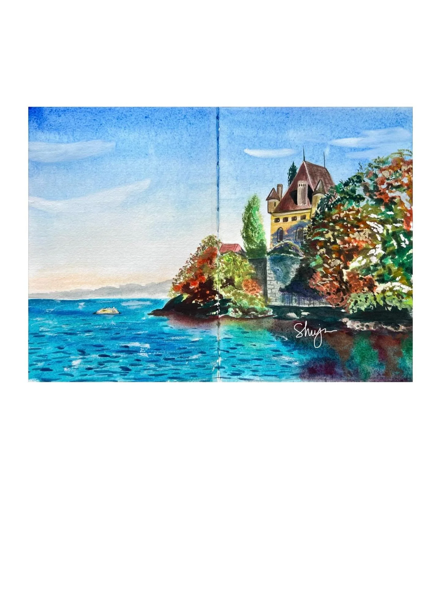 Yvoire, France. Painted from an old photo I took when we took an afternoon stroll there, driving from our home at that time in Geneva.

#watercolorlandscape #yvoire #france #artist #paintinginspo