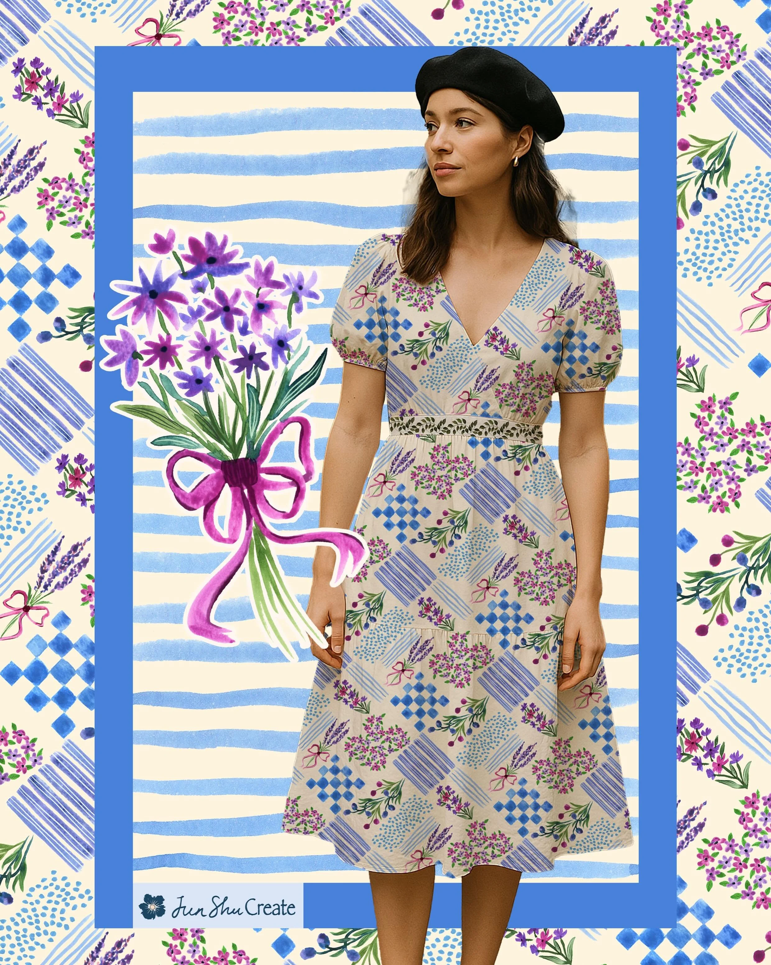Print 1 💙🌿 Fresh on @patternbank : Lavender Patchwork Floral 🌿💙

A romantic blend of hand-painted lavender bouquets, ribbon-tied posies, painterly stripes, and watercolor checks&mdash;designed to capture the charm of an English cottage garden wit