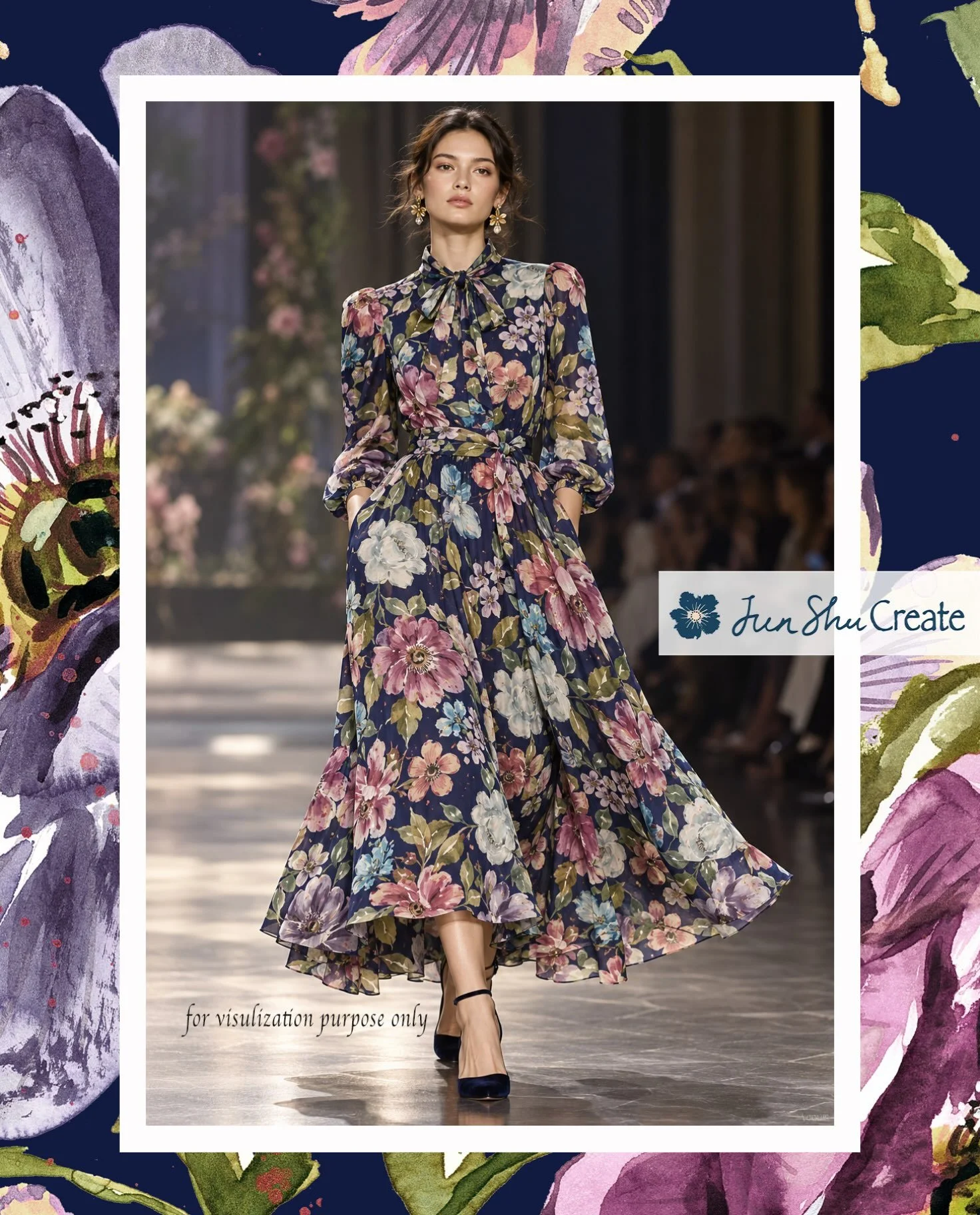 From watercolor florals to runway-inspired fashion. 🌸✨

Imagine your next collection brought to life with expressive, hand-painted floral prints.

This romantic botanical design combines vintage-inspired blooms, rich navy blue, soft pinks, lavender,