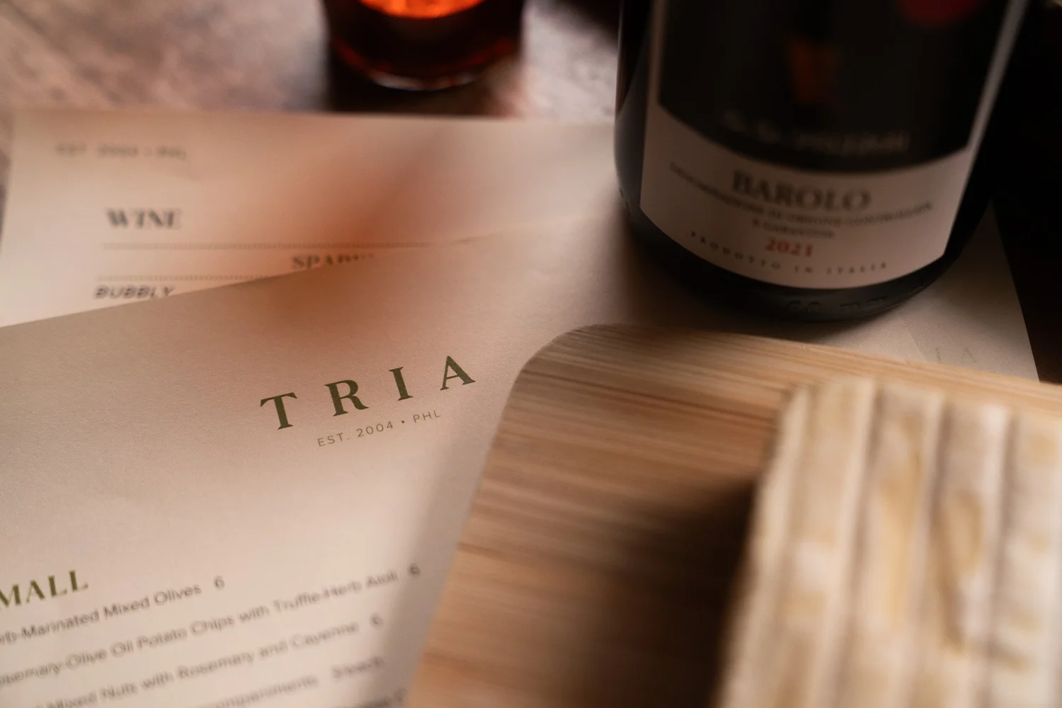 Hospitality content photographed for Tria Wine Bar in Philadelphia.